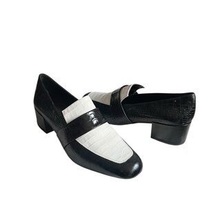 Freda Salvador Black & White Croc Embossed Rock Mid Heel Loafers, Size 9